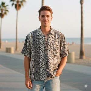 Porcini Silk 100% Silk Men’s Button Up Short Sleeve Shirt White and Black Medium